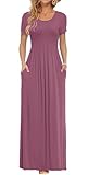 AUSELILY Mujer Verano Vestido Señorita Maxi Vestido de Manga Corta Bolsillo Malva XL