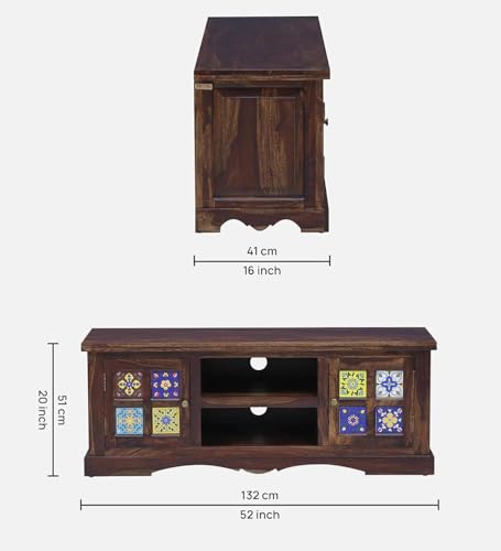 Image of Solid Wood TV Unit for Living Room 50 Inch Furniture - Wooden TV Unit with Storage Cabinet with 2 Door, 2 Open Shelves Wooden TV Cabinet for Living Room - Fits up to 50-Inch TV (Evan)