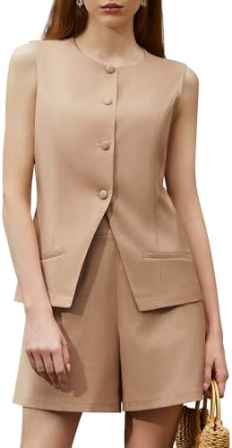 Women&#39;s Summer 2 Piece Outfits Sleeveless Round Neck Button Down High Waisted Pants 2024 Business Work Sets