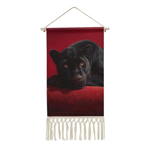 Jubonexis Arazzo da parete in lino, Panther on Red Sofa Vintage Poster da parete con nappa e asta in legno