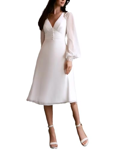 Long Sleeves White Courthouse Wedding Dresses for Bride Lace Tea