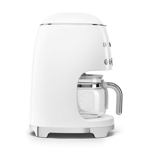 Image of Smeg 50's Retro Style Aesthetic Drip Coffee Machine with 10 Cup Glass Carafe, Auto Start Feature, Keep Warm Plate, and Two Coffee Strength Settings (White)