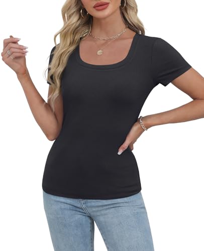 WIHOLL Women's Ribbed Knit Scoop Neck Tees Slim Fit Short Sleeve Tops Summer 2025 Trendy Basic Tshirts4