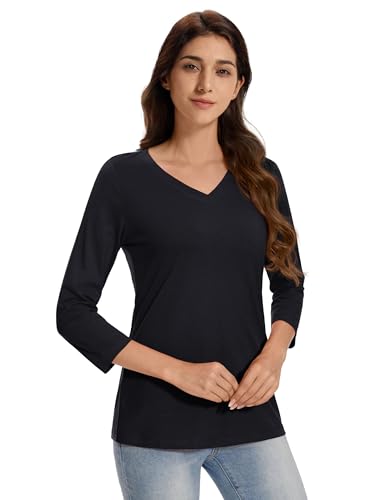 MAGCOMSEN 3/4 Sleeve T Shirts for Women V Neck Tshirts Cotton UPF50+ Summer Tops Casual T-Shirts Basic Tees 20252