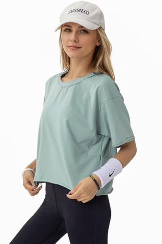 Women's Oversize Workout Crop Tops Casual Short Sleeve Drop Shoulder Boxy T-Shirts Roll Hem Basic Loose for 20254