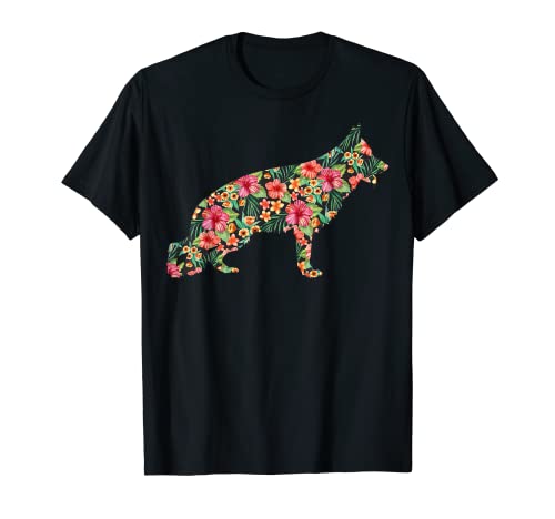 German Shepherd Flower Funny Dog Silhouette Floral Gifts Camiseta