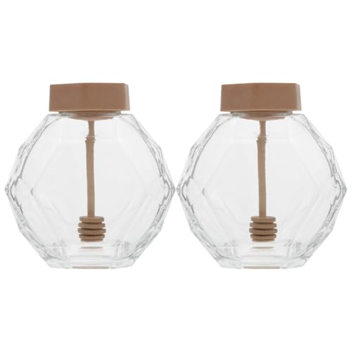 HOUDERCO 2 Tarros de Miel Hexagonales de Vidrio Tapa y Palillos de Madera, Frascos Transparentes para Almacenamiento Casero de Miel en Cocina Reutilizable