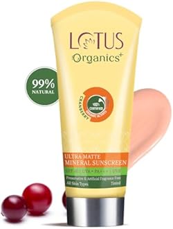 Lotus Organics+ Ultra Matte Mineral Sunscreen | SPF 40 PA+++ | 100% Certified Organic Cranberries | Water & Sweat Resistant | For Oily, Dry, Normal and Combination Skin | For Women and Men | 100g
