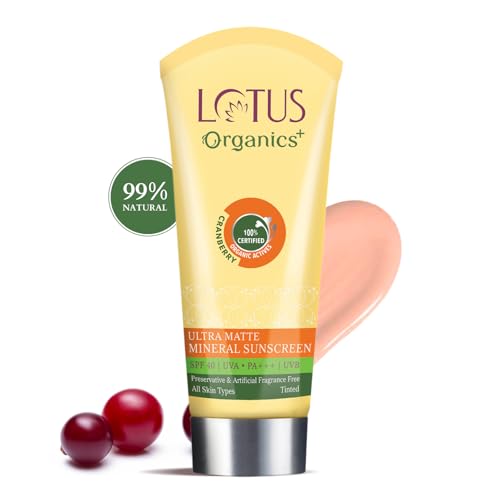 Lotus Organics+ Ultra Matte Mineral Sunscreen | SPF 40 PA+++ | 100% Certified Organic Cranberries | Water & Sweat Resistant | For Oily, Dry, Normal and Combination Skin | For Women and Men | 100g