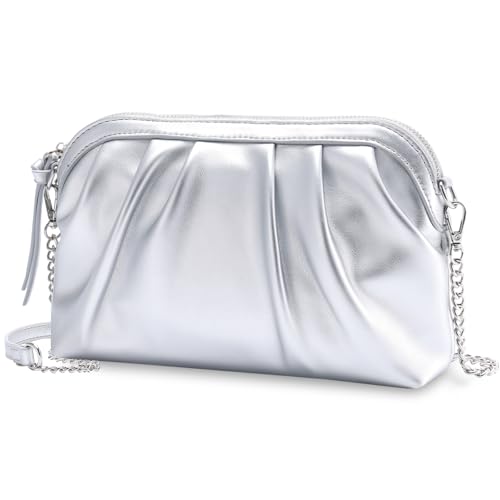 VASCHY Clutch Purse for Women,Fashion Ruched Vegan Leather Small Formal Evening Handbag Crossbody Shoulder Bag Wedding,Party Silver