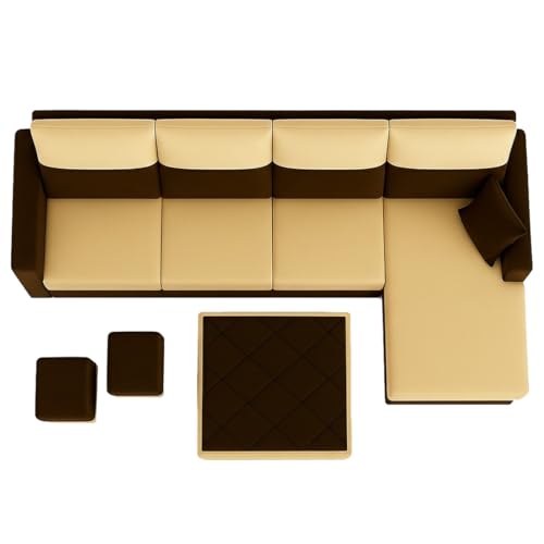 Image of Furny Arevva 8 Seater Fabric RHS L Shape Sofa Set with 1 Centre Table & 2 Puffy (Cream-Dark Brown) | Soft Velvet Fabric | Modern Design | Comfortable Seating | Living Room Furniture