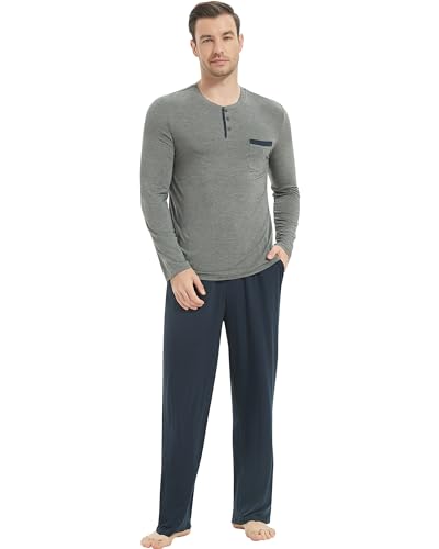 NACHILA Men's Pajamas-Viscose Made from Bamboo, Long Sleeve Pajama Set Soft Pants Sleepwear Henley...