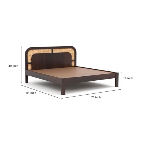 Image of Sheesham Wood Cane Bed Without Storage for Bedroom | King Size Wooden Double Bed Palang with Curved Rattan Headboard (Walnut Finish)