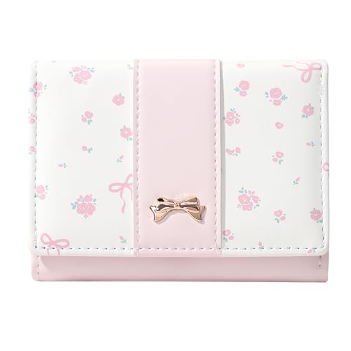Modacarry Carteira pequena floral coquete laço carteira fofa carteira ID 7 compartimentos para cartão de crédito para mulheres meninas, rosa