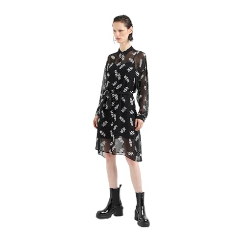 Armani Exchange Vestido corto de manga larga con cinturón y botones para mujer, Negro/Iso Allover, 20