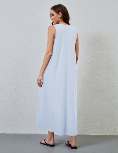 Image of MISSACTIVER Women's Sleeveless Maxi Dress Scoop Neck Ruched Long Dress with Side Pockets Wide Shoulder Elegant Blouse Dresses