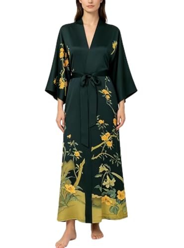 Kwedhonjh Women's Classic 100% Silk Kimono Robe, Bathrobe—Printed Pattern (Flower