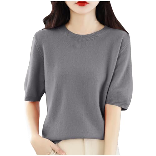 MRGIINR Camisetas de punto casuales para mujer, color sólido, cuello redondo, manga larga, ajuste holgado, a la moda, ligeras, de verano, con leggings, Gifts01#_gris, L