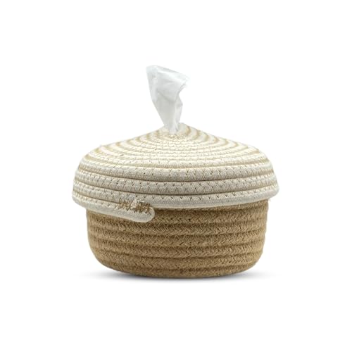 Image of BOBBINY Jute Cotton Tissue Box Holder, Handcrafted Tissue Container for 100 Pulls Natural Tissue Holder for Office Living Bedroom Car Desk Dining Table Home Decor (Off White & Brown, Design 5)