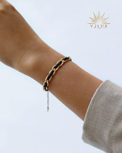 Gold Bracelet for Women, 18K Gold Plated Trendy Bracelet with a Leather Braiding, Small Size 6.2 + 2.3 inches in Length, Presented in a Beautiful Gift Box4
