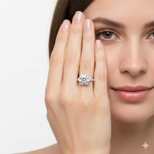 Image of 55Carat Choose Your Gemstone 6 Petal Ring Sterling Silver Round Shape Halo Engagement Rings Well Shaped for Any Gift Giving Occassion Modern Style Enchating Women US Size 4 to 12