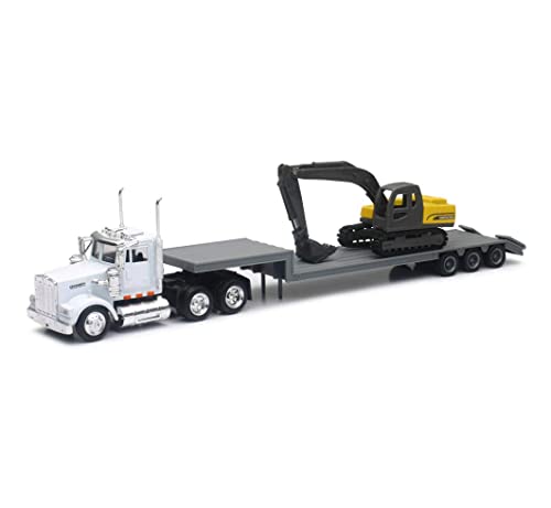 Image of New-Ray 1:43 scale Kenworth W900 Lowboy Trailer with Construction Excavator