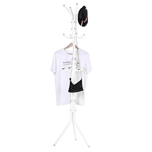 lyrlody Coat Hat Rack, 3 Tier Standing Metal Rack with 12 Hooks, White, for Home Office Bedroom Hallway