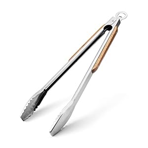 Wood-Handled Grill Tongs, 19.5″/50cm Extra Long BBQ Tongs, Heavy Duty Premium Stainless Steel Metal Tongs with Solid Wood Handles, for Charcoal, Grilling, BBQ, Barbecue, Cooking