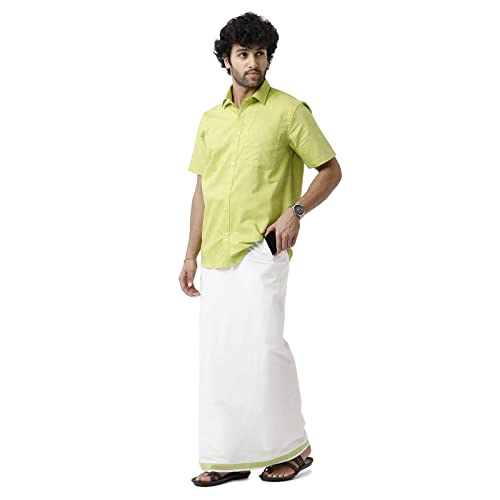 Image of UATHAYAM Varna Pale Green Cotton Slim Fit Solid Half Sleeve Shirt and Dhoti Set Combo