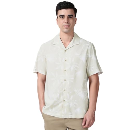 Image of Peter England Men's Cotton Blend Classic Fit Floral Print Casual Shirt | Cuban Collar, Half Sleeves | Casual Wear