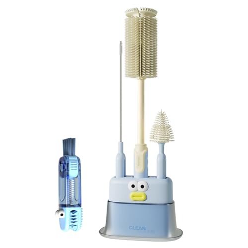 Image of Baby Bottle Brush Set, 5 in 1 Bottle Cleaner Brush Kit, Silicone Bottle Brush, Bottle Gap Cleaner Brush & Straw Cleaner Brush for Water Bottle, Multi Functional Dense Deep Cleaning Long Brush (Blue4)