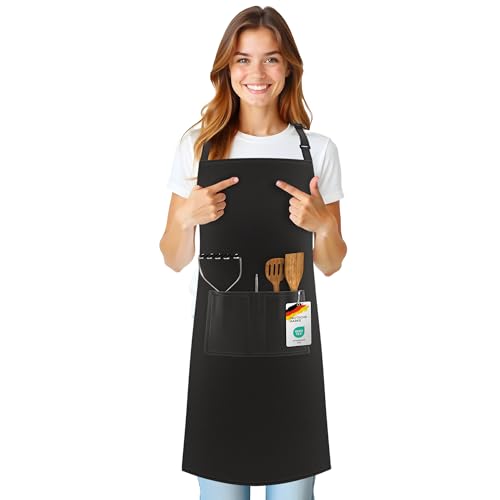 LEFUNDA Avental de cozinha impermeável com 3 bolsos ajustável, avental de churrasco com alças compridas, avental de cozinha para homens e mulheres, cozinhar, restaurante, café, forno (preto), 1 x