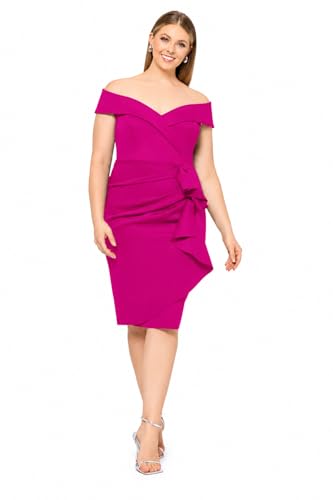 Image of Xscape Women's Bodycon Midi Off-The-Shoulder Ruffle Dress with Center Back Zipper, Petite & Plus Size