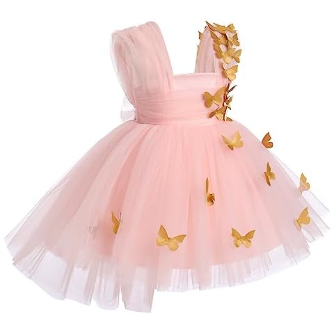 IDOPIP Flower Girl Butterfly High Low Tutu Dress for Kids Baby First Communion Wedding Party Dresses Toddler Little Princess Pageant Birthday Baptism Tulle Dresses Pink + Gold Butterfly 3-4 Years Cover