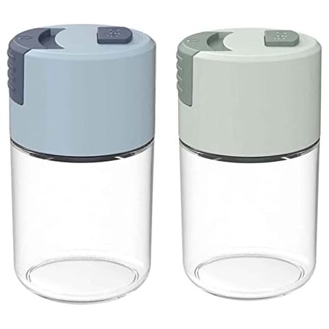 Salt and Pepper Shaker Glass Spice Set of 2 Limit Control Salt Pepper 0.5g Kitchen Gadgets Spice Tools Condiment Bottles Glass Storage Jars Each 100ML(Blue&Green) Cover