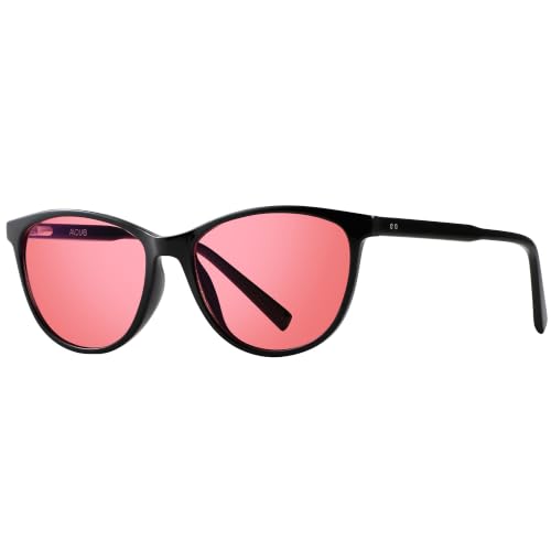 Image of Indoor Fluorescent-41 Pink Tinted Blue Light Blocking Glasses Cat Eye Migraine Light Sensitivity Computer Glasses Photophobia Fluorescent LED Glare Women AB3311-Black Frame 50% Rose Lens