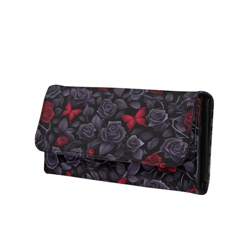 Gothic Black Roses Womens Wallets Cash Clutch Bag Faux Leather, Red Butterfly Rose Flowers Long Billfold with Zipper Coin Pocket, Credit Card Wallet
