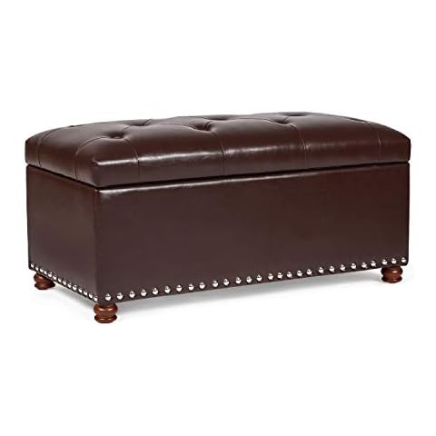 Decent Home Leather Storage Ottoman Bench, 35" Rectangle Foot Rest Stool with Nailhead Trim for Bedroom, Living Room, Dark Brown Cover