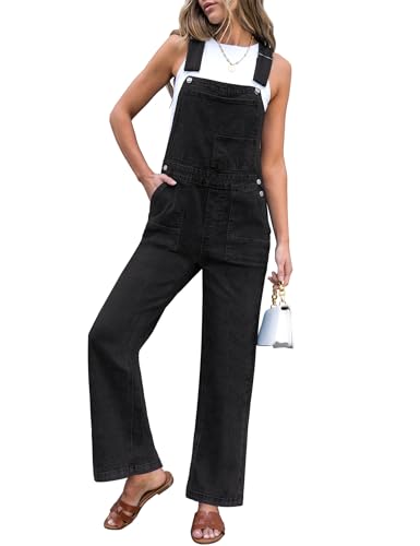 luvamia Stretchy Overalls for Women Loose Fit Straight Wide Leg Baggy Denim Bib Adjustable Strap Casual Overall Jumpsuit Womens Denim Overalls Washed Black Size Large US Size 12-14