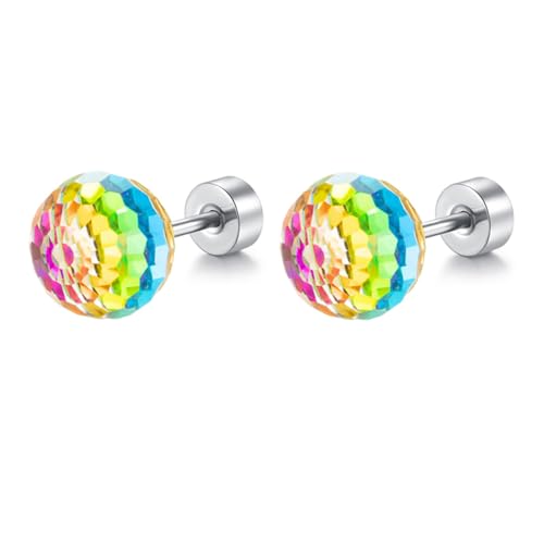 Dazzling Crystal Disco Ball Cartilage Stud Earrings for Women Mom Stainless Steel Austrian Colorful 6mm/8mm CZ Tragus Screw Flat Back Helix Tiny Studs Earring Fashion 60's 70's Jewelry Prom Party 20G (Colorful,8mm)