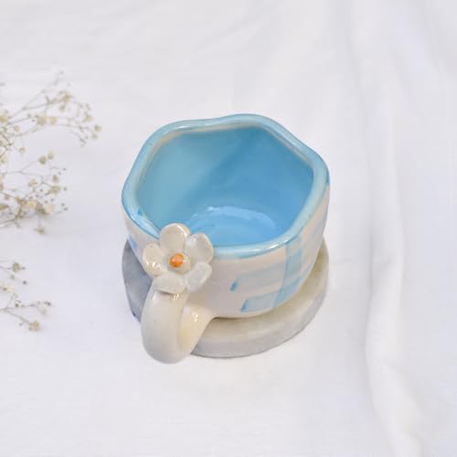 Image of Daisy Ceramic Mug | Handmade Cup | Gift to Best Friend | Aesthetic Cute Mug | Coffee Tea /Milk Mugs (Blue)(200 ML)