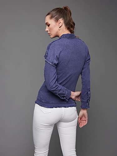 Image of Miss Chase Women's Polo Neck Full Sleeves Patch Pocket Denim Overcoat Knee-Length Jacket