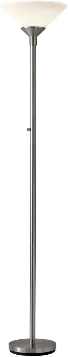 Adesso Aries Brushed Steel Torchiere Floor Lamp with 300W Double Socket & Frosted Shade - 73" Modern Ambient Light for Living Room, Bedroom