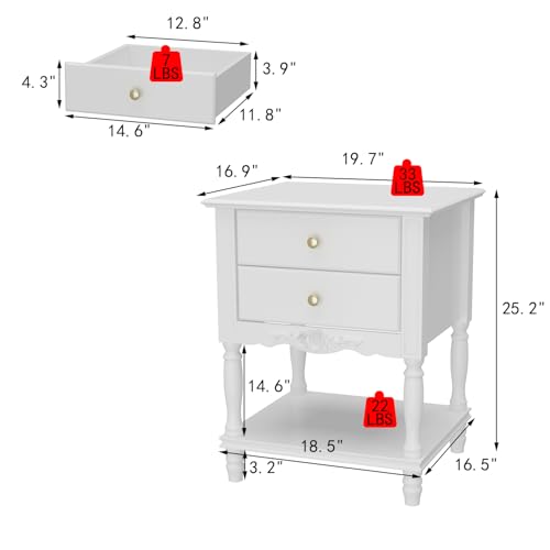WOODTIME White Accent Nightstand with 2 Drawers, Bottom Shelf & Carve Pattern, Modern Wooden Night Stand Bedside Table, Versatile End Sofa Bed Side Table for Bedroom Living Room - Image 2