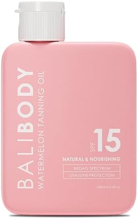 Bali Body Watermelon Tanning Oil SPF 15 | Melanin Stimulator for Sun Protection | Infused with Natural Oil | Fruity Scent Summer Essential for Golden Deep Glow | Vegan, Cruelty Free (100ml/3.4 fl oz)