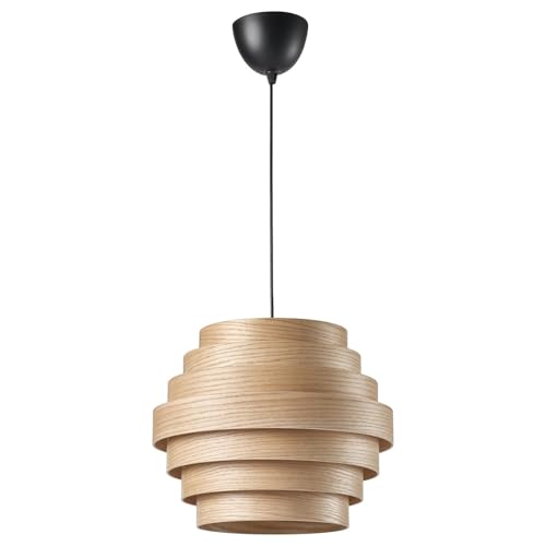 Pendant Lamp, White Stained Oak Veneer Shade with Black Cord, Modern Layered Wood Ceiling Light for Dining Room or Living Room, 16" Diameter, 13" Height, 16W Max