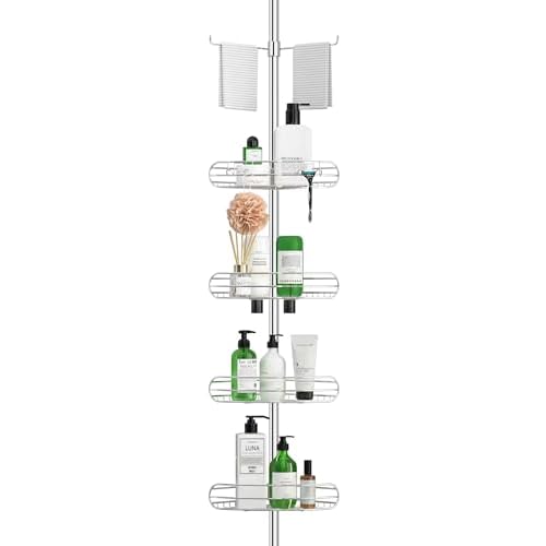 ALLZONE Corner Shower Caddy Tension Pole, 4-Tier Adjustable Shower Shelves, Rustproof Bathroom Shower Organizer Corner and Shower Racks for Inside Shower Storage, 61.3 to 113 Inches, Sliver