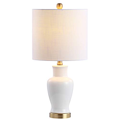 JONATHAN Y 21' White Ceramic Modern Classic Table Lamp, Porcelain Vase Bedside Lamp with Brass Gold Base and White Linen Drum Shade, LED Bulb Included, UL Listed JYL6605A
