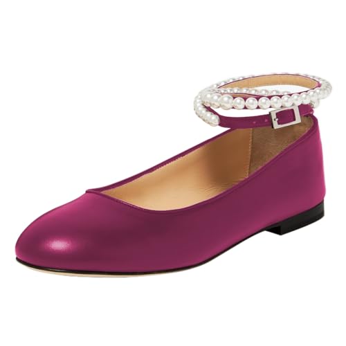 Pazzion Women Pearls Beaded Strappy Flats Shoes Closed Rounded Toe Buckle Strap Ballet Shoes for Walking Dancing Ballroom Size 4-16 US