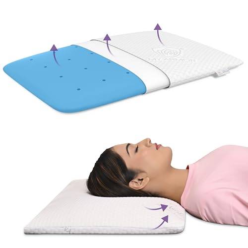 MY ARMOR Ventilated Cooling Gel Memory Foam Pillow Ultra-Thin Size - 2.5 Inch Thick, with Removable Washable Cover - Pack of 1